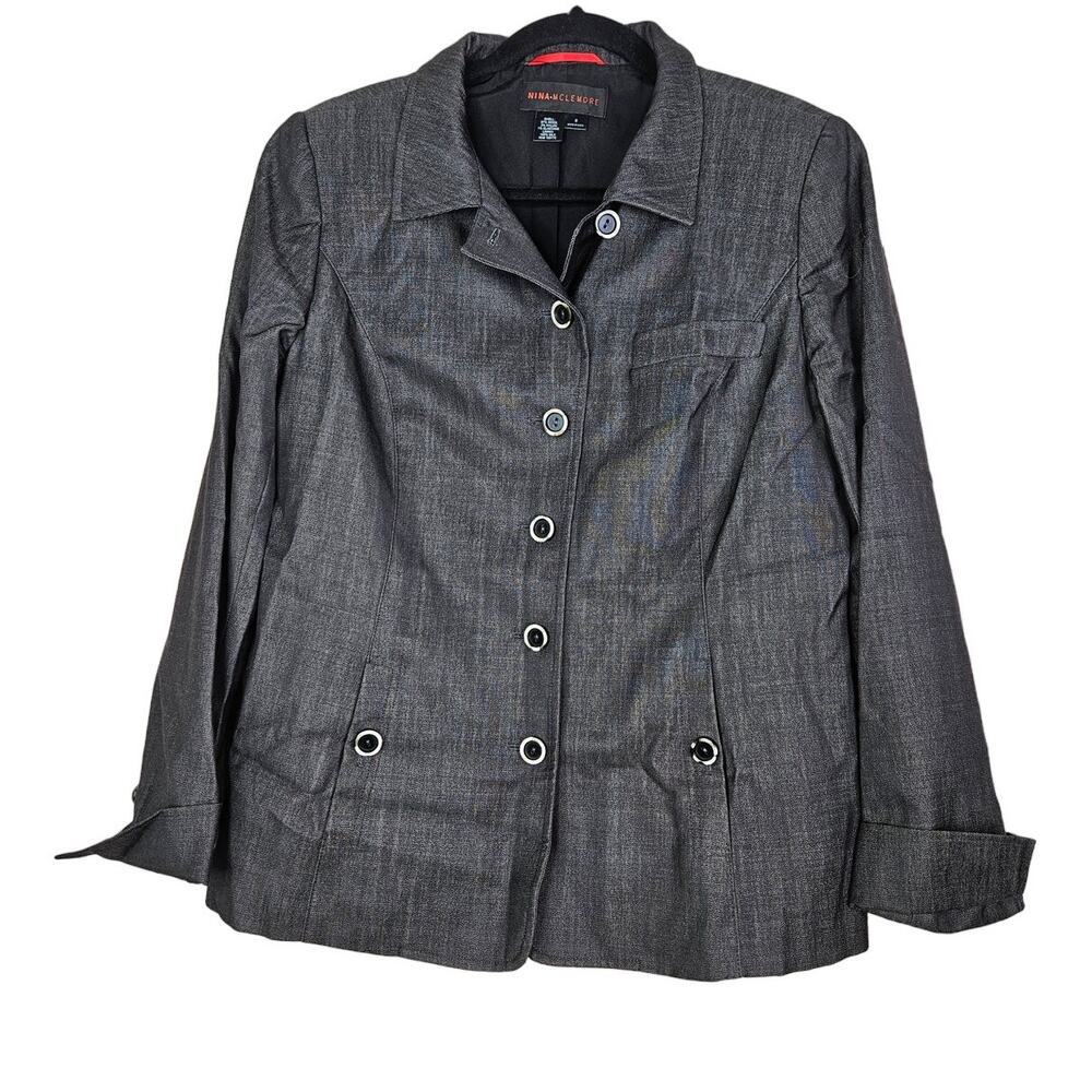 Nina Mclemore 8 Dark Gray Chambray Blazer Button Front Career Professional